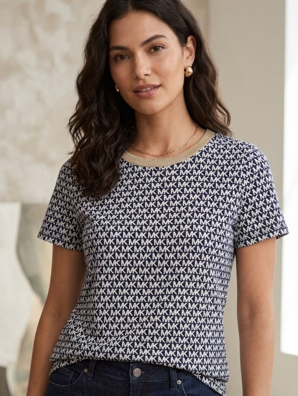 MICHAEL Michael Kors Navy & White MK Pattern Tee With Gold Neckline Sz M